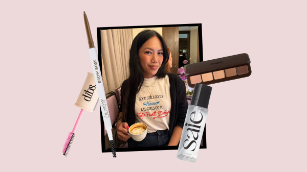 A photo of Allure contributor Sara Tan in a black frame surrounded by Dibs Colourpop mph beauty and Saie beauty products...