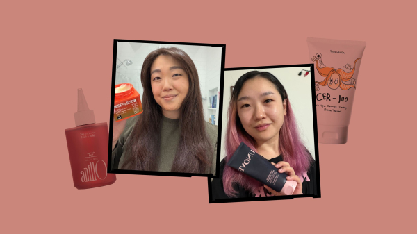 Image contains Allure editors with their favorite Korean hair masks surrounded by a collage of Korean hair masks